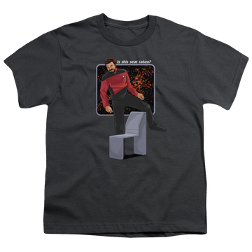 Charcoal youth t-shirt for ages 8 to 12 with Star Trek The Next Generation Is This Seat Taken graphic