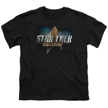 Black youth t-shirt for ages 8 to 12 with Star Trek Discovery Logo graphic