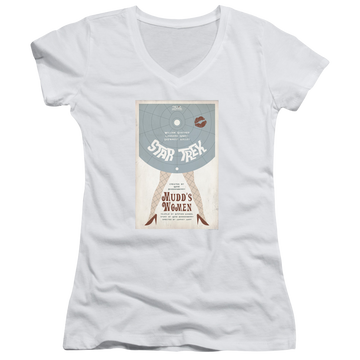 White juniors v-neck t-shirt with Star Trek Tos Episode 6 graphic
