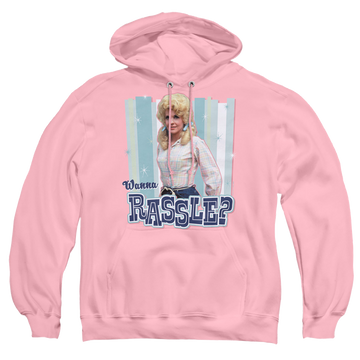 Pink pullover hoodie with Beverly Hillbillies Wanna Rassle graphic