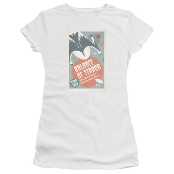 White juniors t-shirt with Star Trek Tos Episode 14 graphic