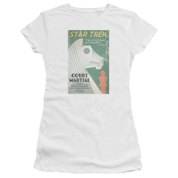 White juniors t-shirt with Star Trek Tos Episode 20 graphic
