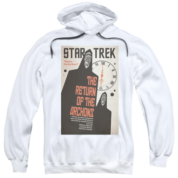 White pullover hoodie with Star Trek Tos Episode 21 graphic