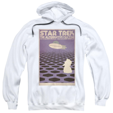 White pullover hoodie with Star Trek Tos Episode 27 graphic