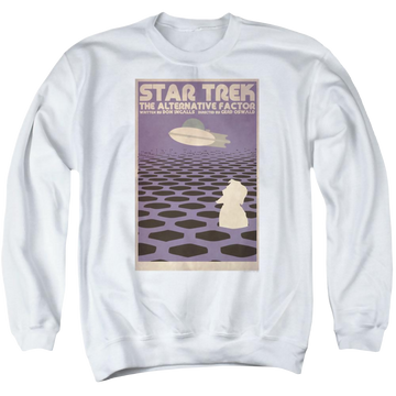 White men's crewneck sweatshirt with Star Trek Tos Episode 27 graphic