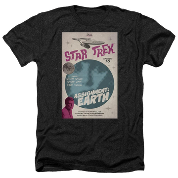 Black men's heather t-shirt with Star Trek Tos Episode 55 graphic