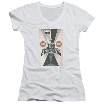 White juniors v-neck t-shirt with Star Trek Tos Episode 58 graphic