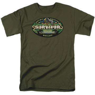 Military green men's regular fit t-shirt with Survivor Gabon Logo graphic