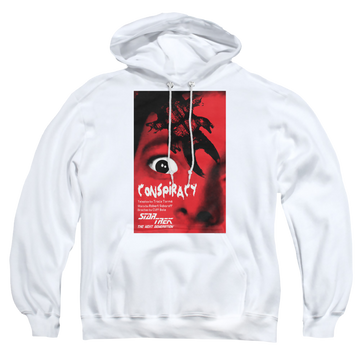 White pullover hoodie with Star Trek The Next Generation Tng Season 1 Episode 25 graphic