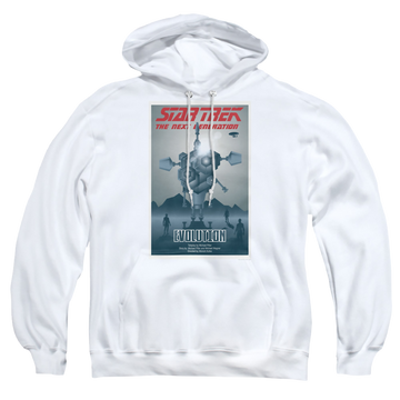 White pullover hoodie with Star Trek The Next Generation Tng Season 3 Episode 1 graphic