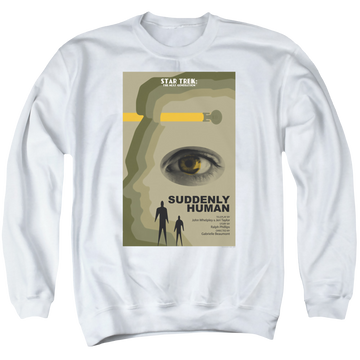 White men's crewneck sweatshirt with Star Trek The Next Generation Tng S4 Ep4 graphic