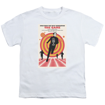 White youth t-shirt for ages 8 to 12 with Star Trek The Next Generation Tng Season 5 Episode 6 graphic