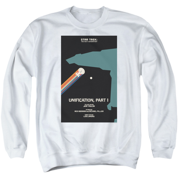 White men's crewneck sweatshirt with Star Trek The Next Generation Tng S5 Ep7 graphic