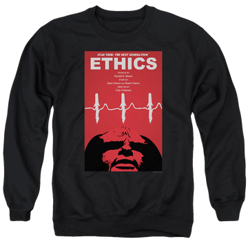 Black men's crewneck sweatshirt with Star Trek The Next Generation Tng S5 Ep16 graphic