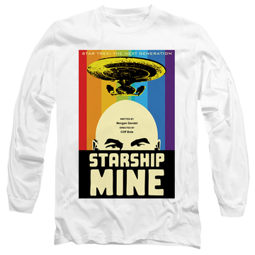 White men's long sleeve t-shirt with Star Trek The Next Generation Tng S6 Ep18 graphic