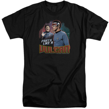 Black men's tall fit t-shirt with Star Trek Party Like A Vulcan graphic