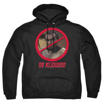 Black pullover hoodie with Star Trek No Klingons graphic