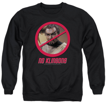 Black men's crewneck sweatshirt with Star Trek No Klingons graphic