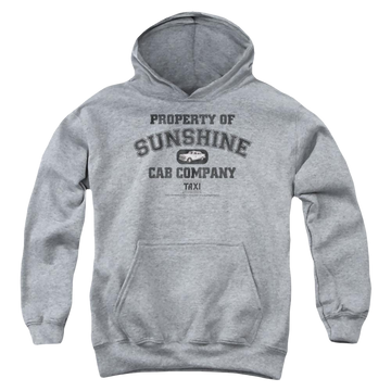 Athletic heather youth hoodie for ages 8 to 12 with Taxi Property Of Sunshine Cab graphic