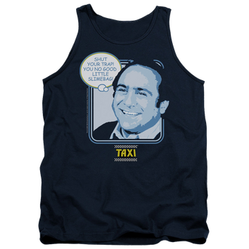 Navy men's tank with Taxi Shut Your Trap graphic