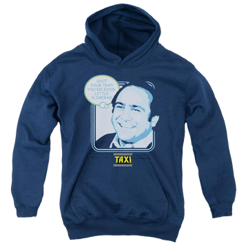 Navy youth hoodie for ages 8 to 12 with Taxi Shut Your Trap graphic