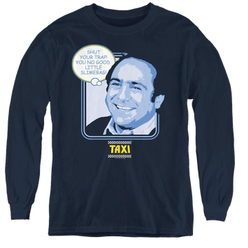 Navy youth long sleeve t-shirt with Taxi Shut Your Trap graphic