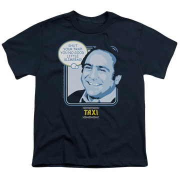 Navy youth t-shirt for ages 8 to 12 with Taxi SHUT YOUR TRAP graphic