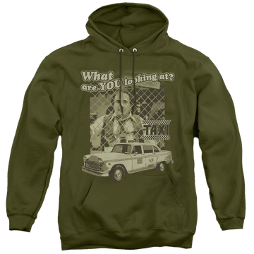 Military green pullover hoodie with Taxi Whats A Matta graphic