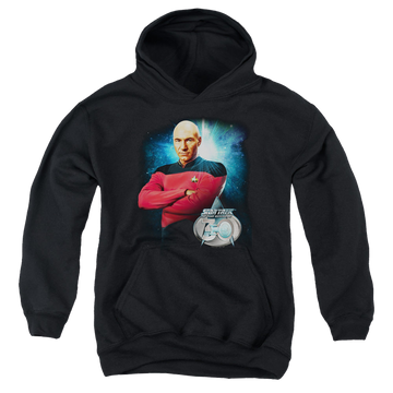 Black youth hoodie for ages 8 to 12 with Star Trek The Next Generation Picard 30 graphic