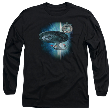 Black men's long sleeve t-shirt with Star Trek Ship 30 graphic