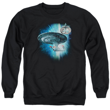 Black men's crewneck sweatshirt with Star Trek Ship 30 graphic