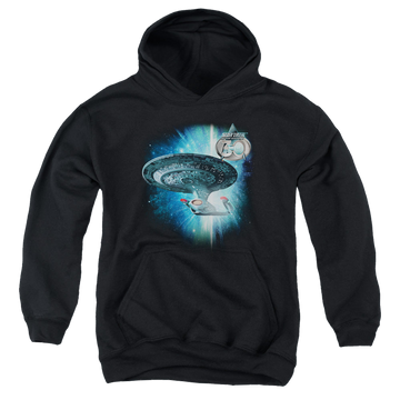 Black youth hoodie for ages 8 to 12 with Star Trek The Next Generation Ship 30 graphic