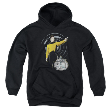 Black youth hoodie for ages 8 to 12 with Star Trek The Next Generation Data 30 graphic