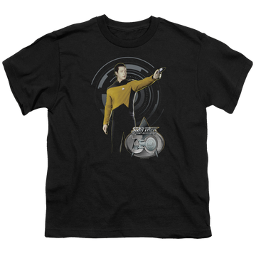 Black youth t-shirt for ages 8 to 12 with Star Trek The Next Generation Data 30 graphic