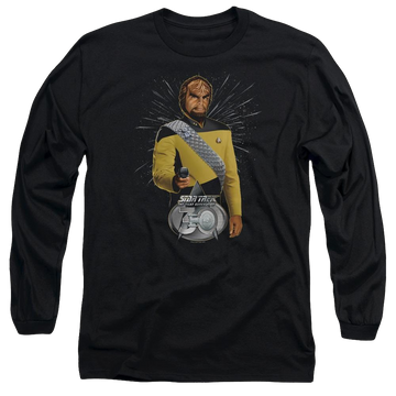 Black men's long sleeve t-shirt with Star Trek Worf 30 graphic