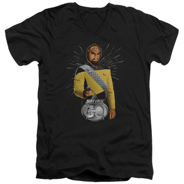 Black men's v-neck t-shirt with Star Trek Worf 30 graphic