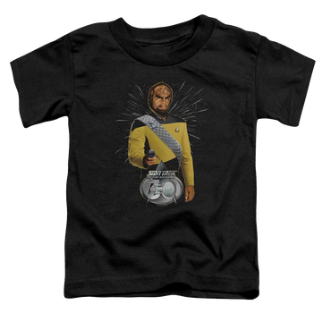 Black toddler t-shirt with Star Trek Worf 30 graphic