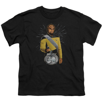 Black youth t-shirt for ages 8 to 12 with Star Trek The Next Generation Worf 30 graphic