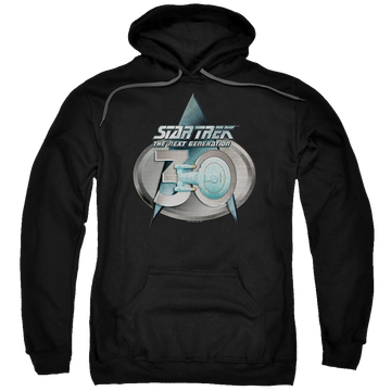 Black pullover hoodie with Star Trek Tng 30 Logo graphic
