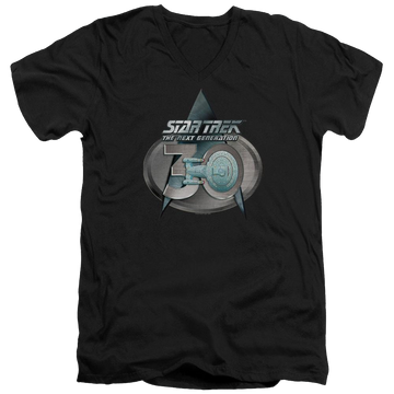 Black men's v-neck t-shirt with Star Trek Tng 30 Logo graphic