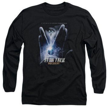 Black men's long sleeve t-shirt with Star Trek Discovery Begins graphic