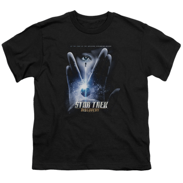 Black youth t-shirt for ages 8 to 12 with Star Trek Discovery Begins graphic