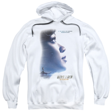 White pullover hoodie with Star Trek Discovery Begins graphic