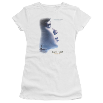 White juniors t-shirt with Star Trek Discovery Begins graphic