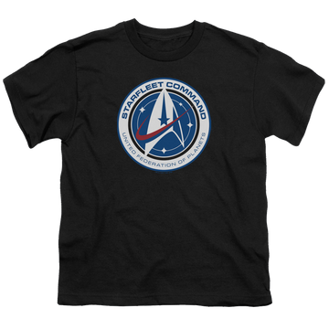 Black youth t-shirt for ages 8 to 12 with Star Trek Discovery Starfleet Command graphic