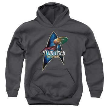 Charcoal youth hoodie for ages 8 to 12 with Star Trek Discovery graphic