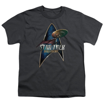 Charcoal youth t-shirt for ages 8 to 12 with Star Trek Discovery graphic