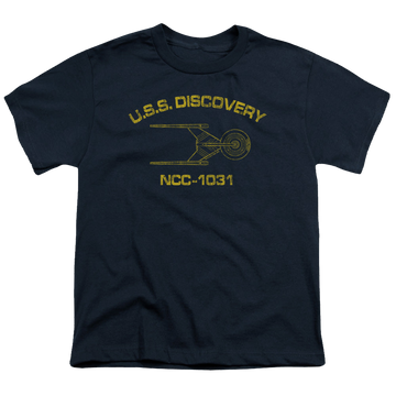 Navy youth t-shirt for ages 8 to 12 with Star Trek Discovery Athletic graphic