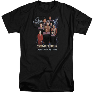 Black men's tall fit t-shirt with Star Trek Deep Space Nine Ds9 Crew graphic