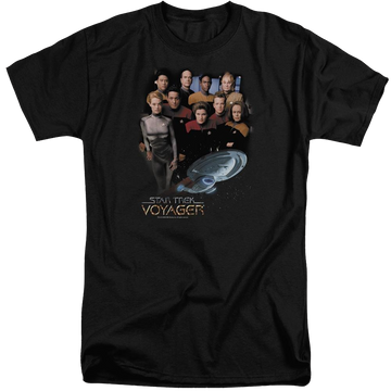 Black men's tall fit t-shirt with Star Trek Voyager Crew graphic